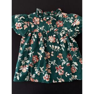 ~ Janie and Jack 3yr Hunter Green Blouse Lined Cotton Ruffle Pleats Short Sleeve